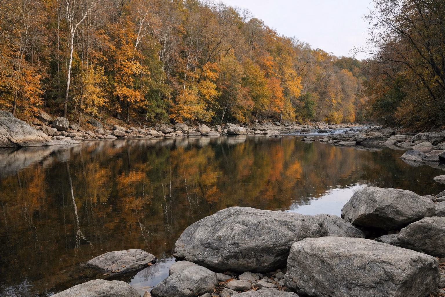 A rocky river with fall foliage reflected in a calm pool, gray boulders in the foreground